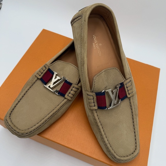 Louis Vuitton Men’s LV Initials Leather Loafers – Beige w/ Web Strap (Size 9) - Picture 2 of 8